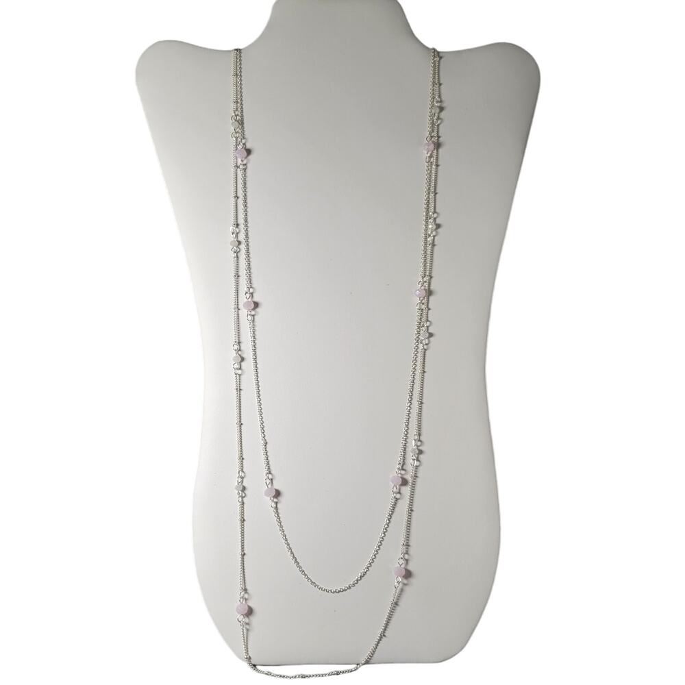 Lauren Conrad Silver Tone Pink & Cream Beaded Layered Necklace 32" +3" Extender